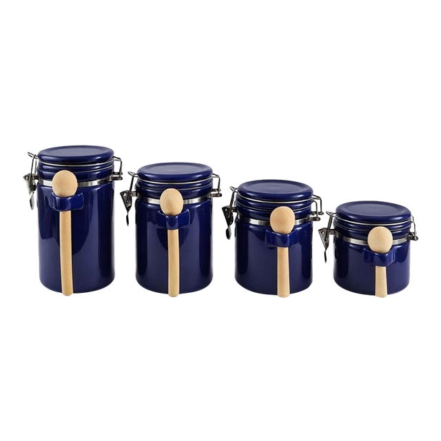 VTG Gibson Rounded Cobalt Blue Canister Set W/ Original Wooden Scoops! EUC/Mint For Sale