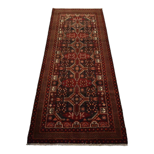 Baloch Runner 3’5” X 8′ Black Wool Vintage Tribal Hand-Knotted Oriental Rug For Sale