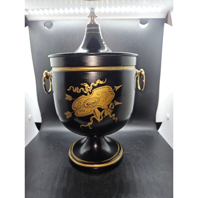 Vintage Mid-Century Neoclassical Italian Tole Black and Gold Lidded Urn Ice Bucket
