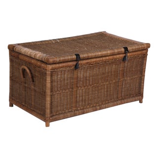 1970s Wicker Blanket Chest or Storage Trunk With Iron Hardware For Sale