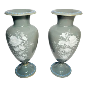 19th Century Grey Glass Vases, White Enamel Floral Decorated. English - A Pair