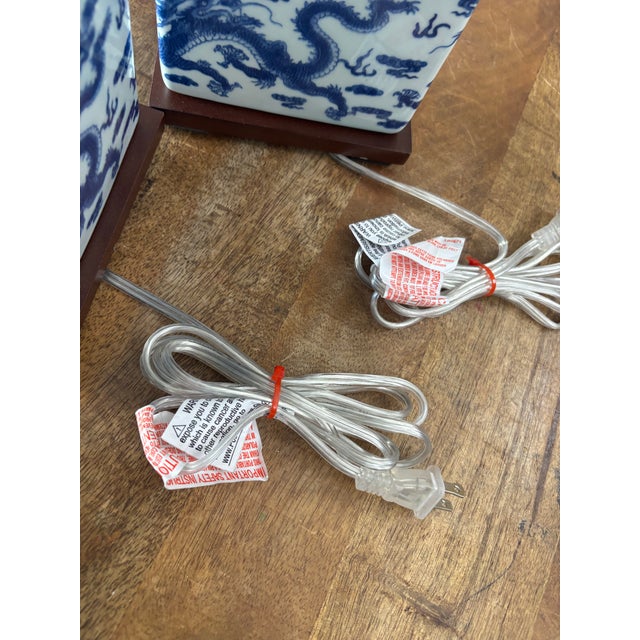 Lauren Ralph Lauren Contemporary Ralph Lauren Blue and White Petite Square Lamps With Dragon Design and Square Fabric Shades, a Pair For Sale - Image 4 of 8