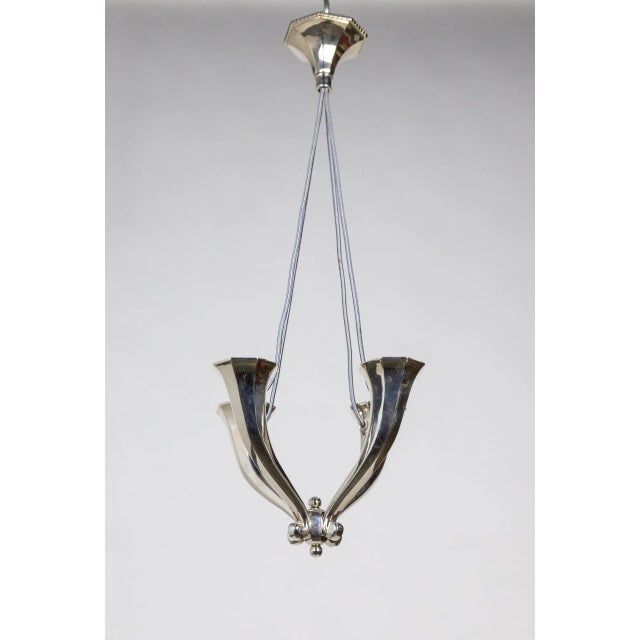Silver Early 20th Century Silver Plated Solid Bronze 4-Light Horn Chandelier For Sale - Image 8 of 11