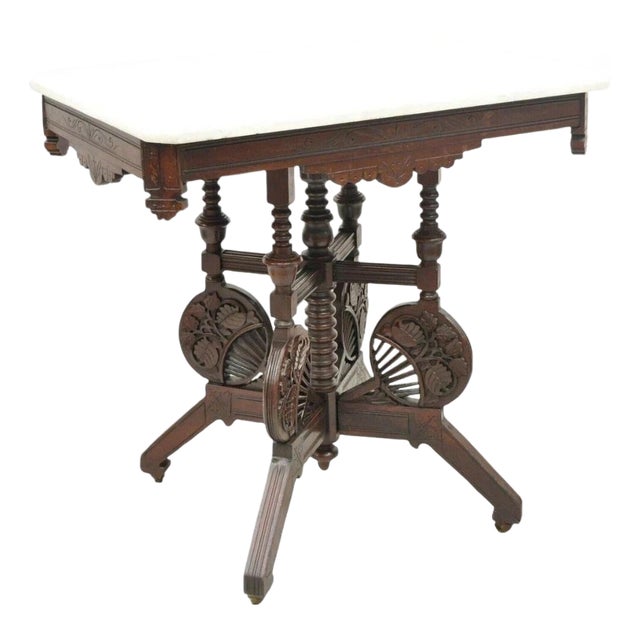 Antique Eastlake Victorian Floral Carved Walnut Marble Top Parlor Side Table For Sale