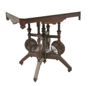 Antique Eastlake Victorian Floral Carved Walnut Marble Top Parlor Side Table