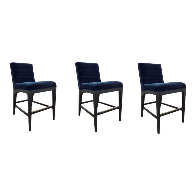 Caracole Modern Navy Blue Velvet Counter Stools - Set of 3 For Sale