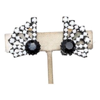 Vintage 1960s Signed Hobe Japanned Blue & White Rhinestone Clip Earrings-2 Pieces For Sale