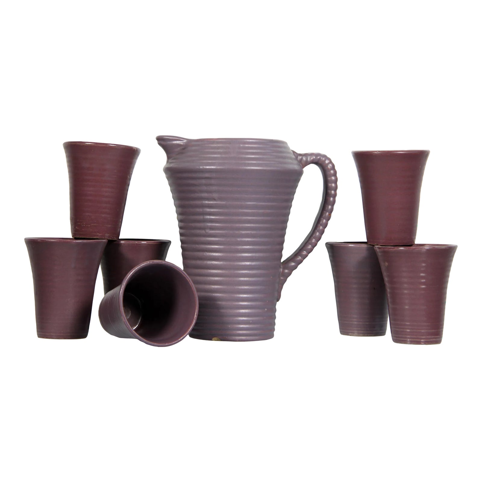 Vintage Arts & Crafts Period Purple Pottery Pitcher & Glasses - Set of 8
