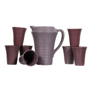 Vintage Arts & Crafts Period Purple Pottery Pitcher & Glasses - Set of 8