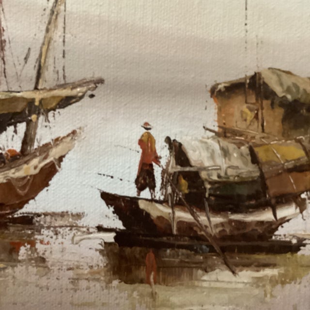 Brown Vintage Painting of Mixed Media Chinese Junk Boats by Paul Wong Framed For Sale - Image 8 of 12