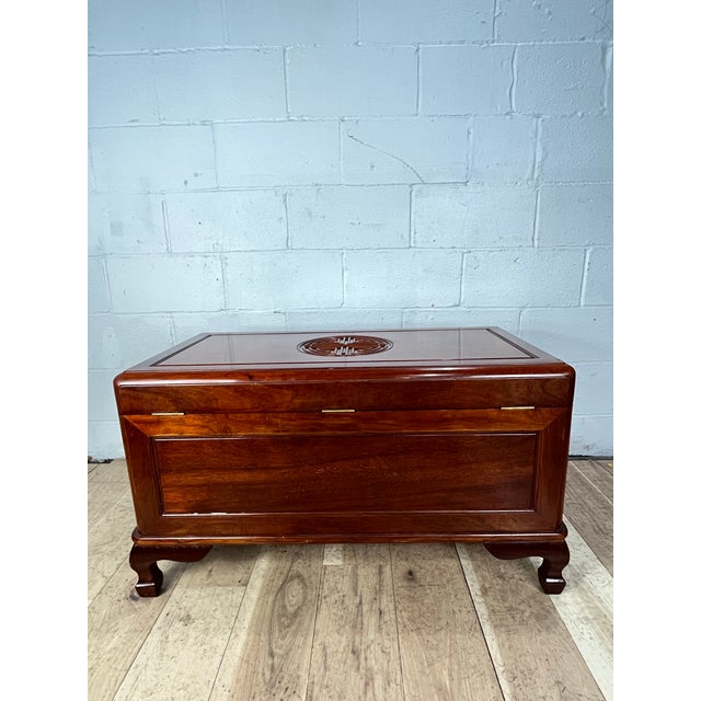 Wood Mid-Century Chinese Ming Style Camphor Wood Blanket Chest With Longevity Symbols For Sale - Image 7 of 7
