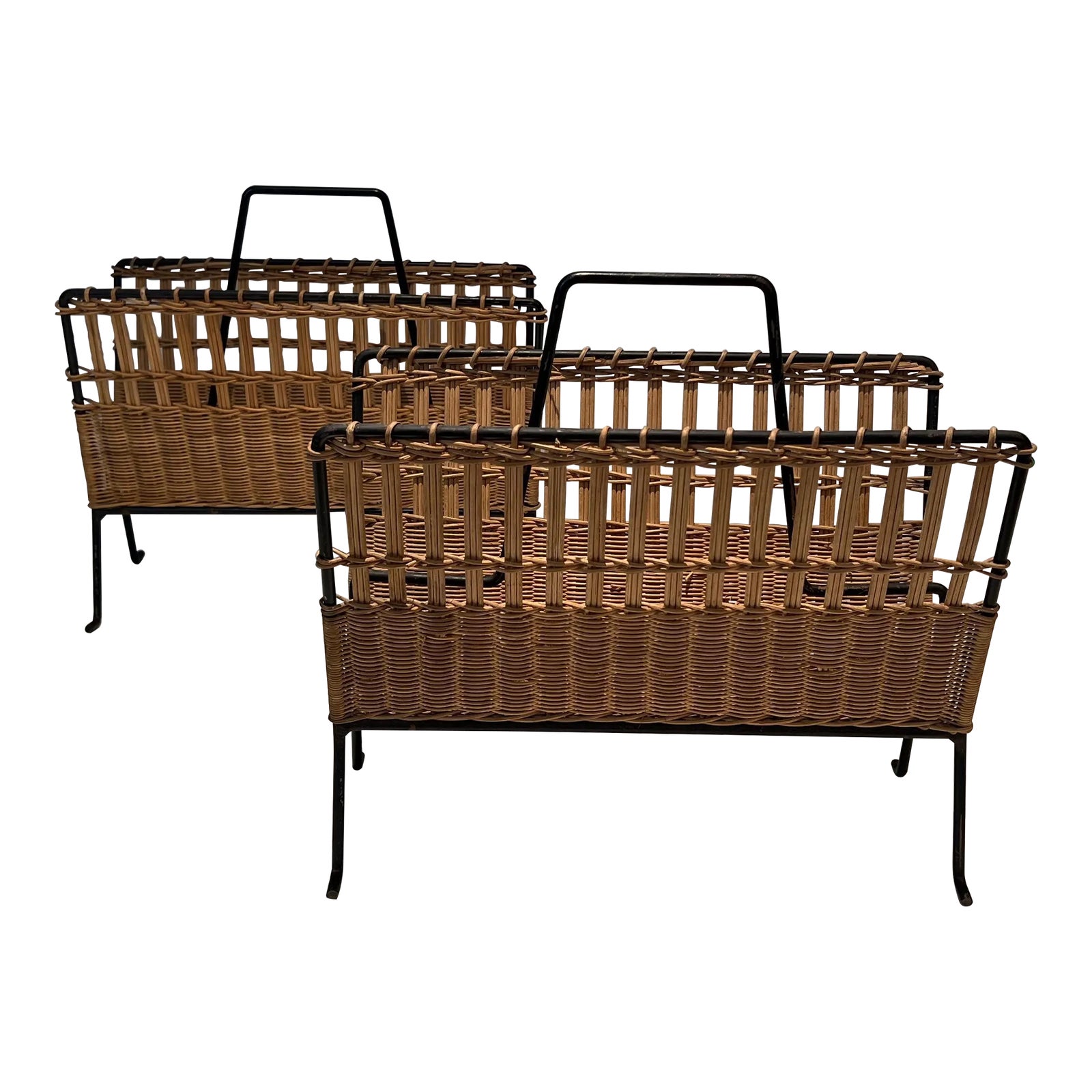 1950s Rattan and Black Lacquered Magazine Racks - a Pair | Chairish