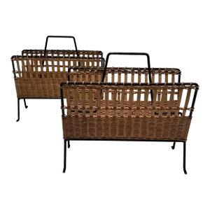 1950s Rattan and Black Lacquered Magazine Racks - a Pair