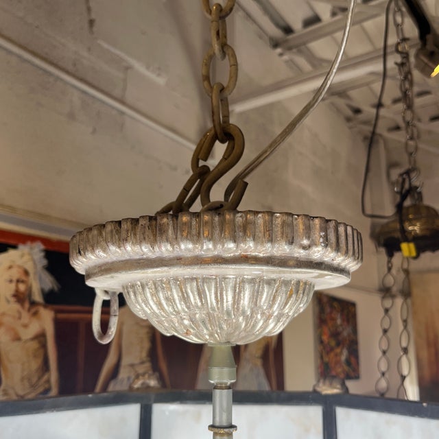 Mid 20th Century Wood Carved Hexagonal and Glass Suspended Cieling Light Chandelier For Sale In Miami - Image 6 of 12