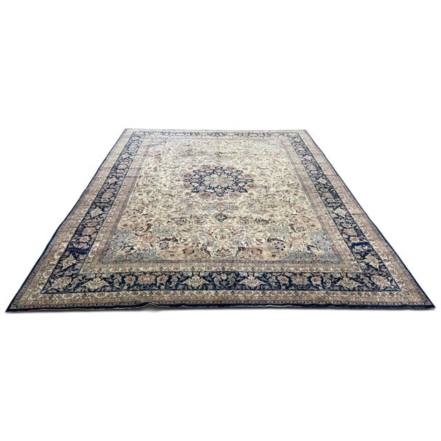 Vintage Hereke Rug 10x14 | Ivory, Blue & Dusty Pink Floral Medallion For Sale - Image 4 of 5