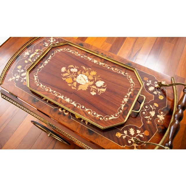 Vintage Italian Marquetry Bar Cart With Serving Tray For Sale - Image 4 of 11