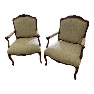 2000s Henredon Furniture Louis XV Bergere Upholstered Music Carved Chairs- a Pair For Sale