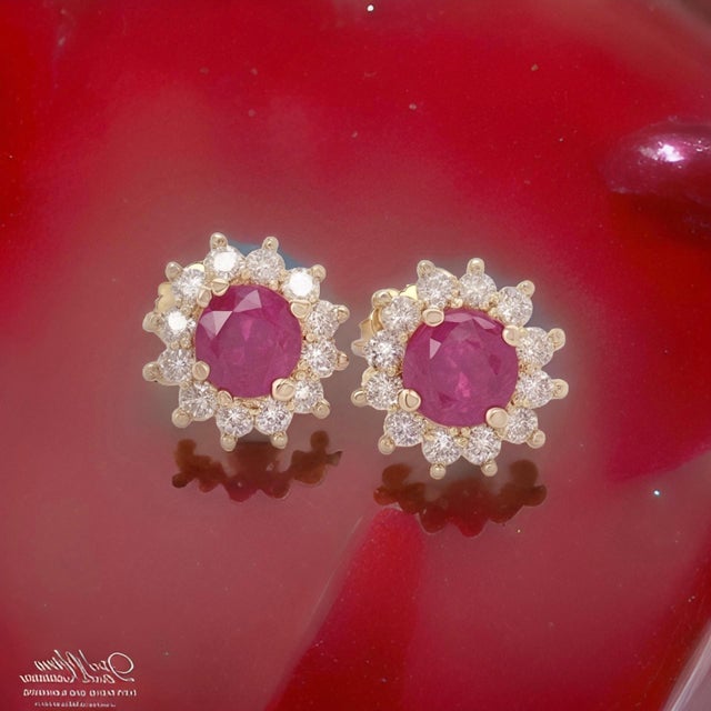 Natural Ruby Diamond Earrings 14k Yellow Gold 2.20 TCW Certified For Sale - Image 4 of 16