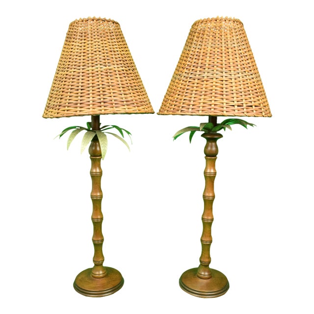 Pair X English Mahogany Table Lamps W/ Metal Palm Fronds & Faux Bamboo Stems For Sale