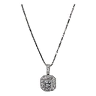 0.50ctw Princess Diamond Halo Pendant Necklace 14k White Gold 18" Box Chain For Sale