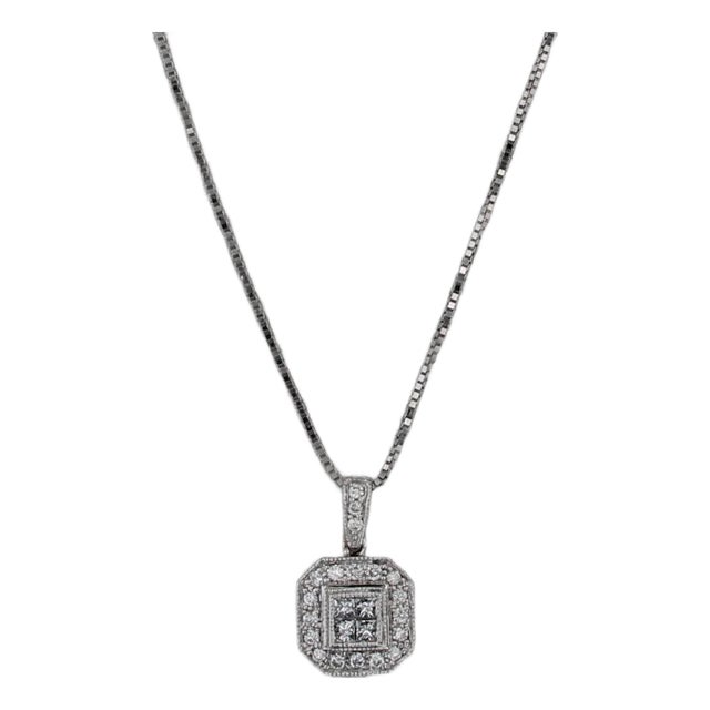 0.50ctw Princess Diamond Halo Pendant Necklace 14k White Gold 18" Box Chain For Sale