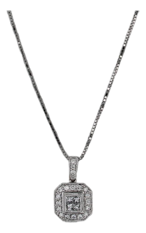 0.50ctw Princess Diamond Halo Pendant Necklace 14k White Gold 18" Box Chain