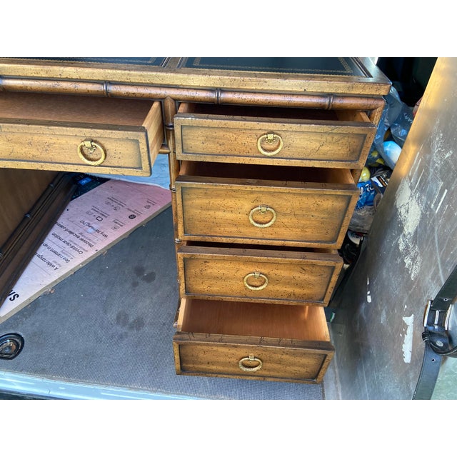 1960s Vintage Mid Century Modern Hollywood Regency Faux Bamboo Campaign Executive Desk by Sligh Furniture For Sale - Image 5 of 12
