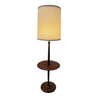 1950s Mid-Century Modern Walnut Floor Lamp With Circular Tabletop and Original Linen Shade For Sale