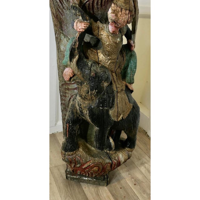 Wood Burmese Temple Carving Polychrome Monkey and Elephant For Sale - Image 7 of 11