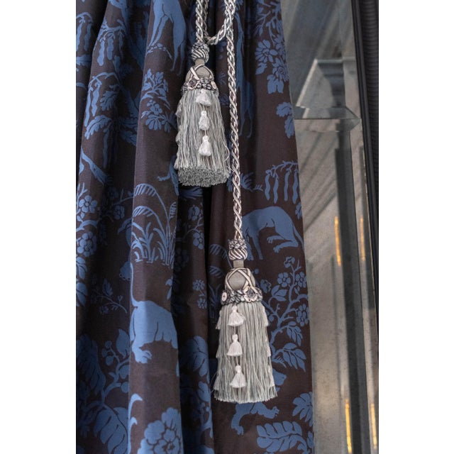 Textile Custom Scalamandré Blue Damask Drapes For Sale - Image 7 of 13