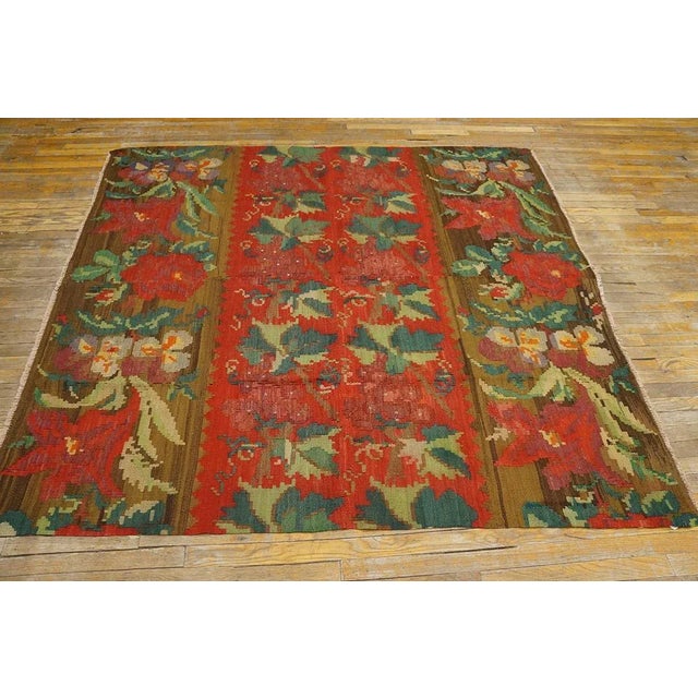Rustic European 1900s Red Raspberry Floral Antique Kilim European Besserabian Flat-Weave 6'7''x 7' Wool Carpet Rug For Sale - Image 3 of 12