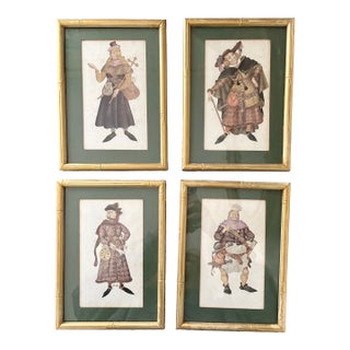 Set of 4 English Vintage “Canterbury Tale” Matted Prints With Gold Wooden Bamboo Frames for Cottage Core & English Cottage Style Decor - View Photos For Sale
