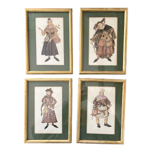 Set of 4 English Vintage “Canterbury Tale” Matted Prints With Gold Wooden Bamboo Frames for Cottage Core & English Cottage Style Decor - View Photos