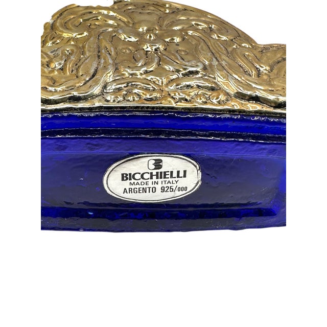 Vintage Cobalt Blue Spanish Art Glass Flask With Ornate Embossed Scrollwork Medallion For Sale - Image 4 of 12