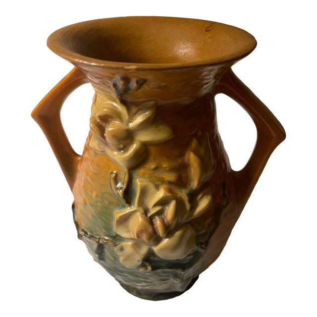 Vintage Roseville Double Handle Vase 3d Magnolia Brown White Green Pink #90-7" For Sale