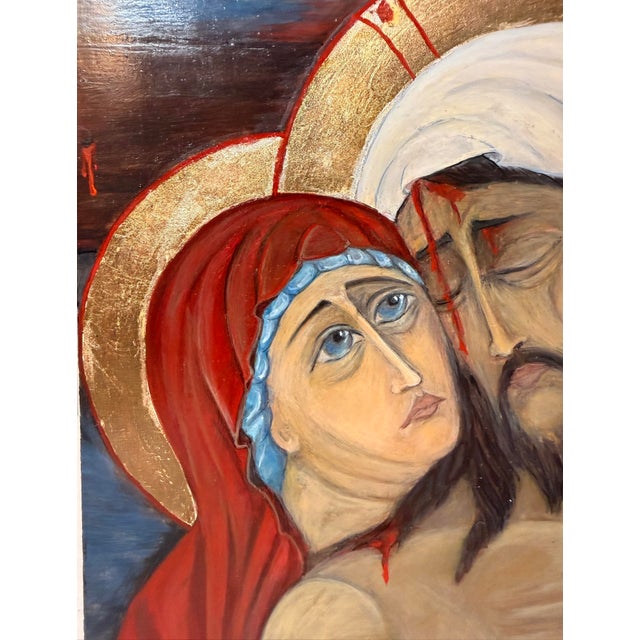 1970s Vintage Original Gold Leaf Russian Icon Mary Jesus Pieta Oil Painting on Wood For Sale - Image 5 of 12