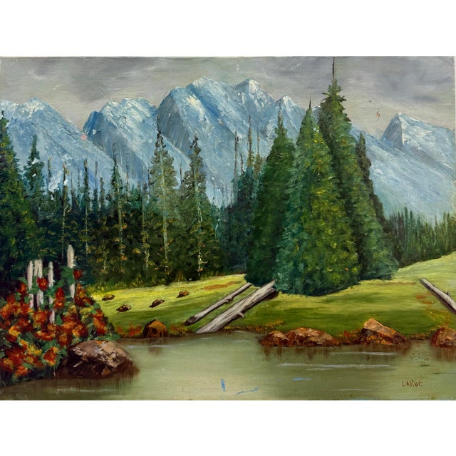 Cabin 1970s Original Mountain Lake Landscape Painting by Larue For Sale - Image 3 of 9