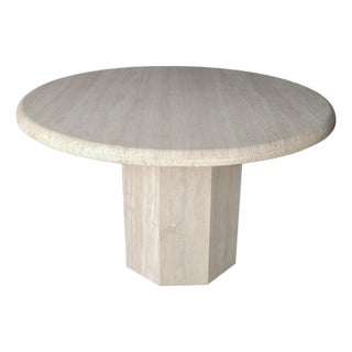 1970s Round Bullnose Travertine Dining Table With Hex Base For Sale