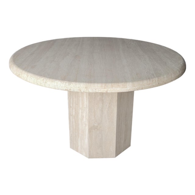 1970s Round Bullnose Travertine Dining Table With Hex Base For Sale