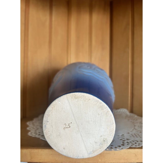 Vintage Art Deco Blue Ombre Ceramic Tall Vase Textured Floral Patterns Glossy Finish For Sale - Image 4 of 7