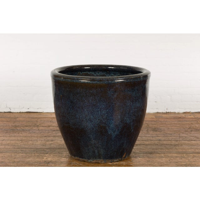 Mid-Century Modern Thai Vintage Oversized Shigaraki Style Namako Glazed Planter with Wave Effects For Sale - Image 3 of 13