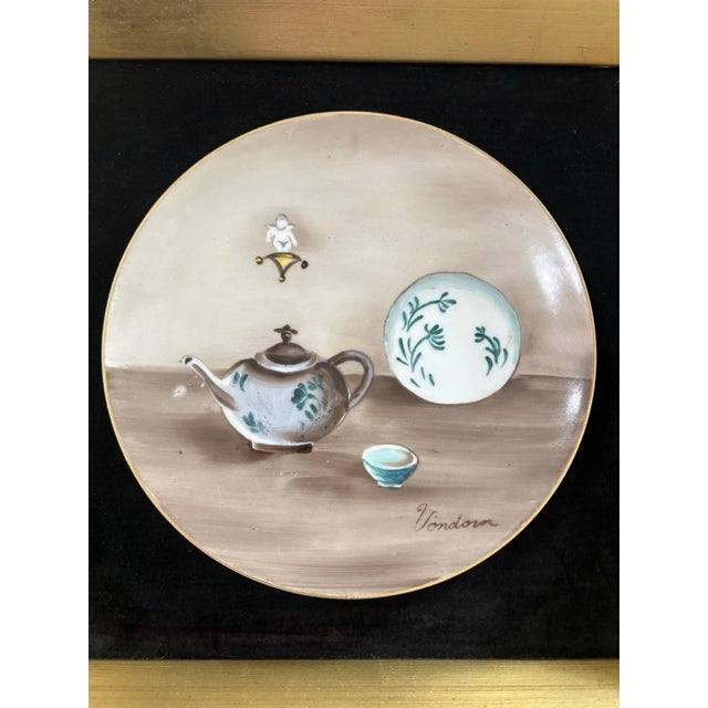 Vondora Signed Andrea by Sadek Porcelain Still Life Plates in Gold Frames Pair Vintage For Sale - Image 4 of 9