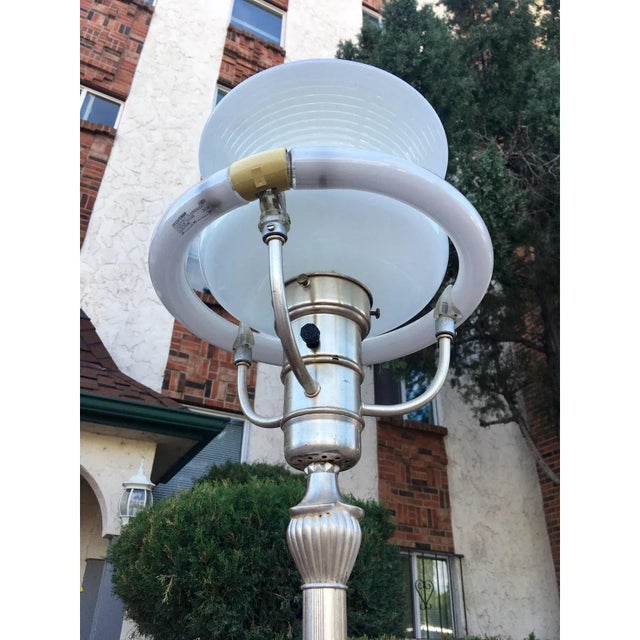 1930s 1930s Art Deco Slivered Metal Torchiere & Milk Glass Diffuser For Sale - Image 5 of 13