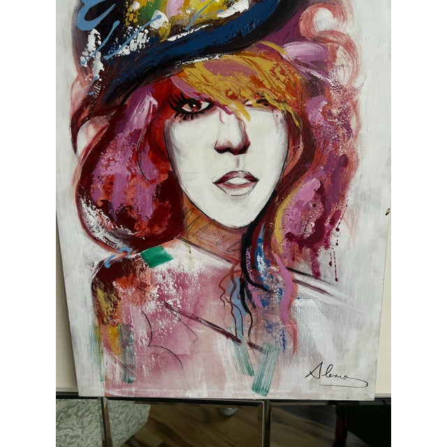 1980s Vintage Postmodern Style 1980s Canvas Oil Painting Wall Art Signed Women Portrait For Sale - Image 5 of 8