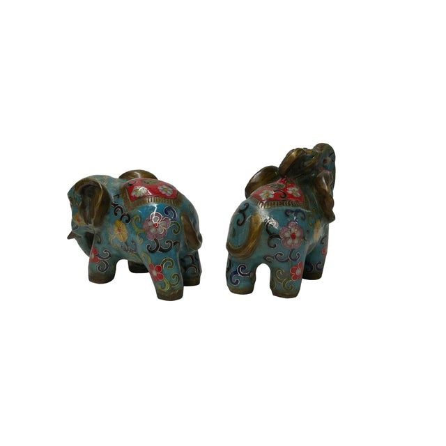 Pair Turquoise Teal Enamel Fortune Fengshui Elephant Metal Figures For Sale - Image 4 of 9