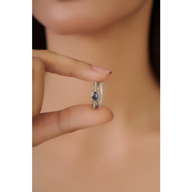 14k Gold Modern Blue Sapphire & Diamond Beaded Double Band Ring Size 6.5 For Sale - Image 9 of 14