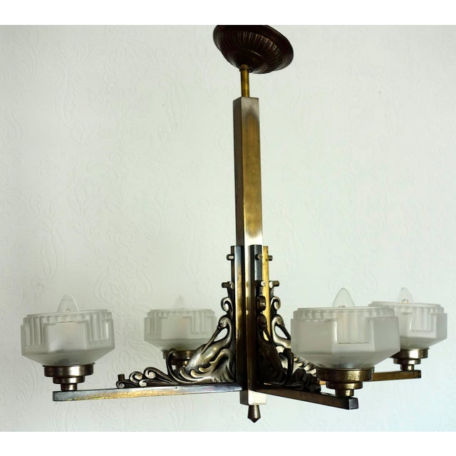 French Art Deco Brass and Satin Glass 4-Light Chandelier, 1920s For Sale - Image 3 of 15