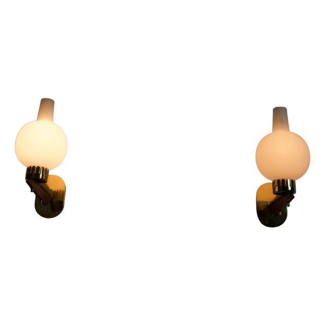 Mid-Century Brass and Opaline Wall Lamps attributed to Stilnovo, Italy, 1960s, Set of 2 For Sale