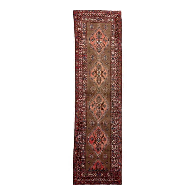 Vintage Turkish Anatolian Wool Runner Rug With Diamond Medallions in Espresso, Terracotta & Navy For Sale