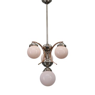 Czech Art Deco Nickel Chandelier with Rose Opaline Glass Globes, 1930s For Sale
